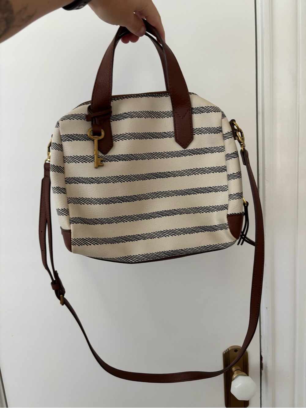 Fossil Blue & Cream Striped Canvas Satchel Crossbody Bag